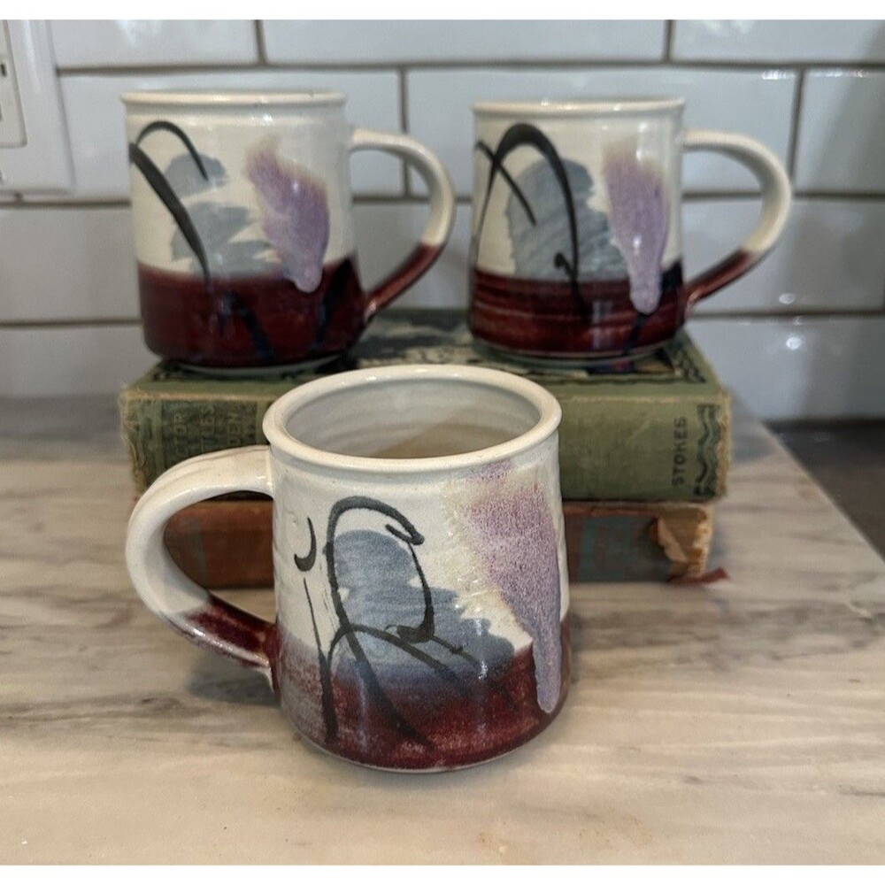 Vintage Studio Art Pottery Floral Purple Coffee Mugs Handmade Mug Set Of 3